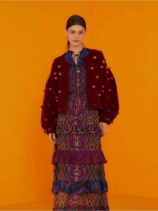 FARM Rio Jackets & Blazers - FARM Rio Burgundy Pom-Pom Teddy Jacket with Multicolor Accents